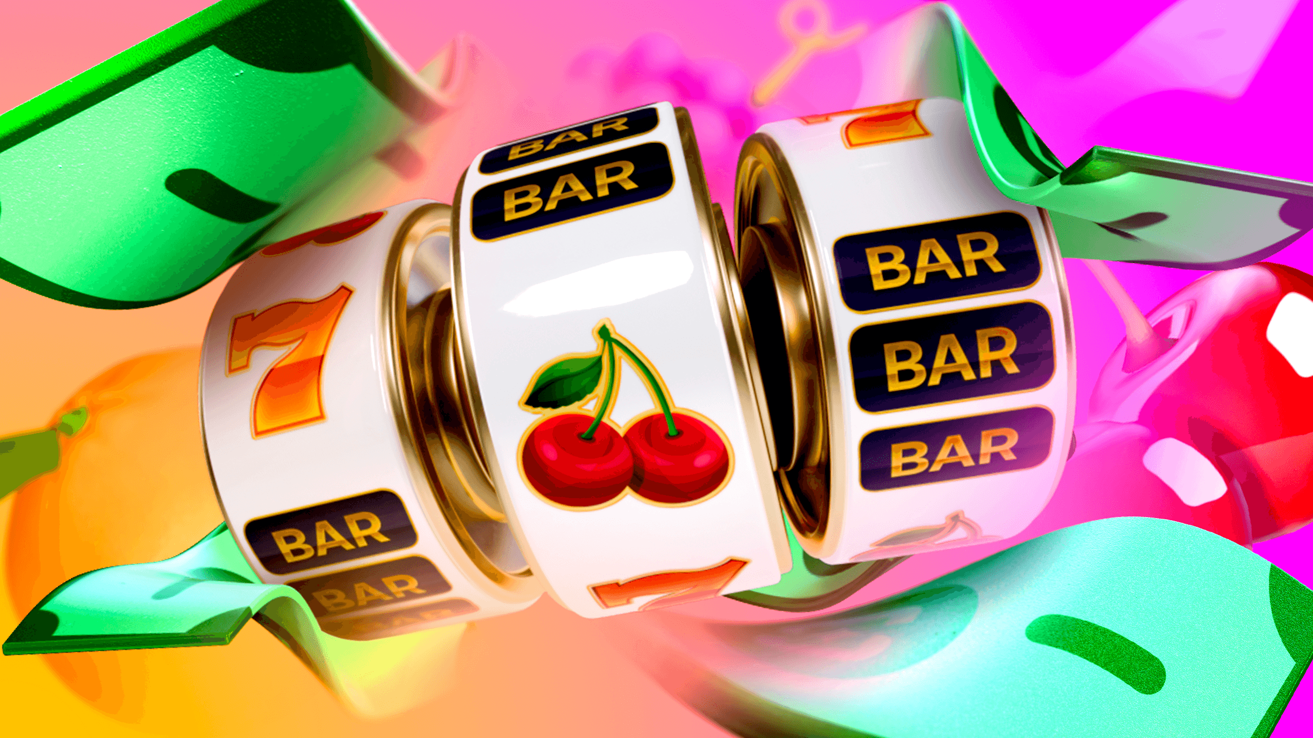 Colorful 3D slot reels featuring BAR, cherries and lucky 7 symbols with flying money on neon pink and orange background. Ideal for online casino slots guides.